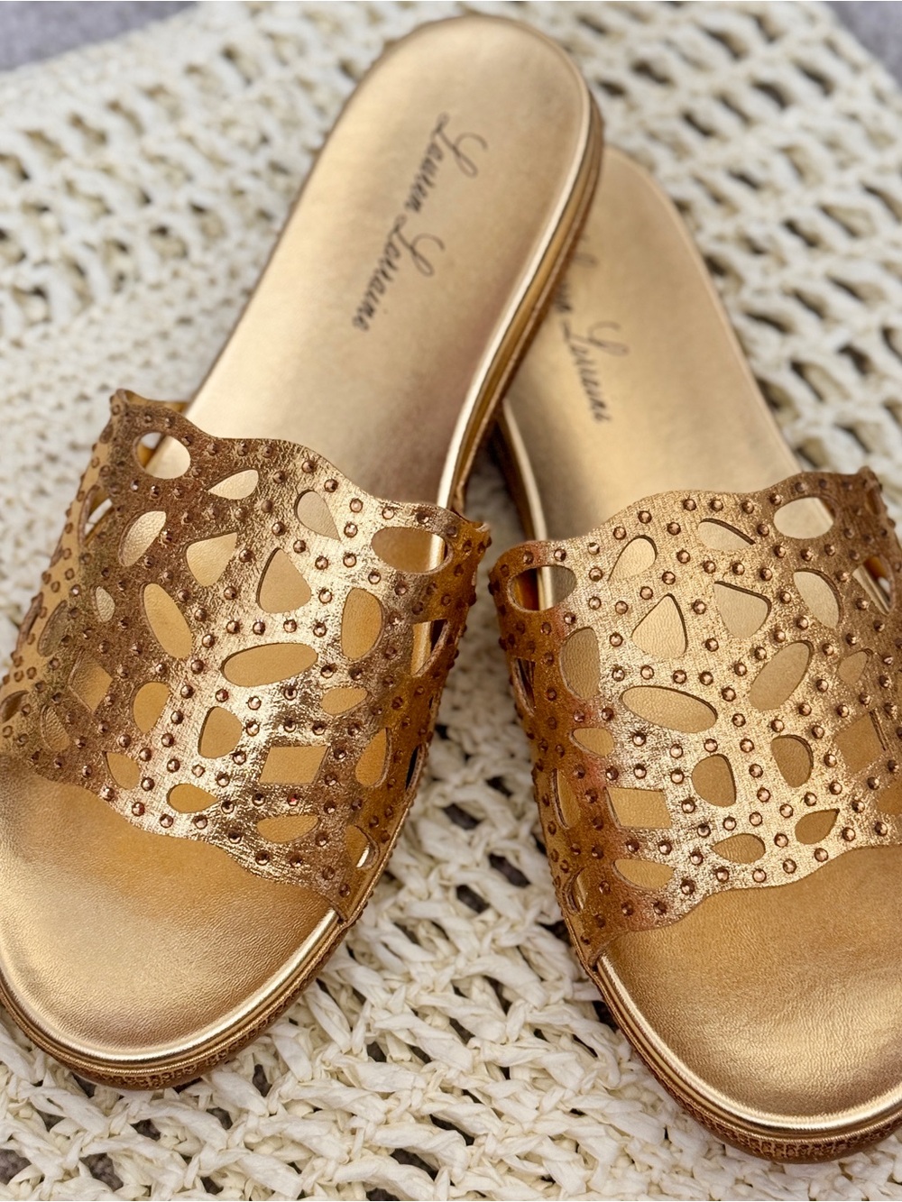 Lauren Lorraine Metallic Gold Laser-Cut Slide Mules